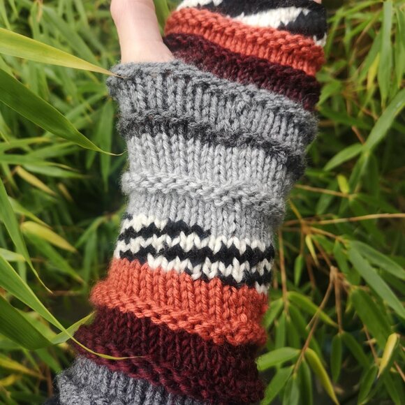 Multicolor Striped Knit Fingerless Gloves Mittens ArmWarmerHandmade in C… - Picture 4 of 10
